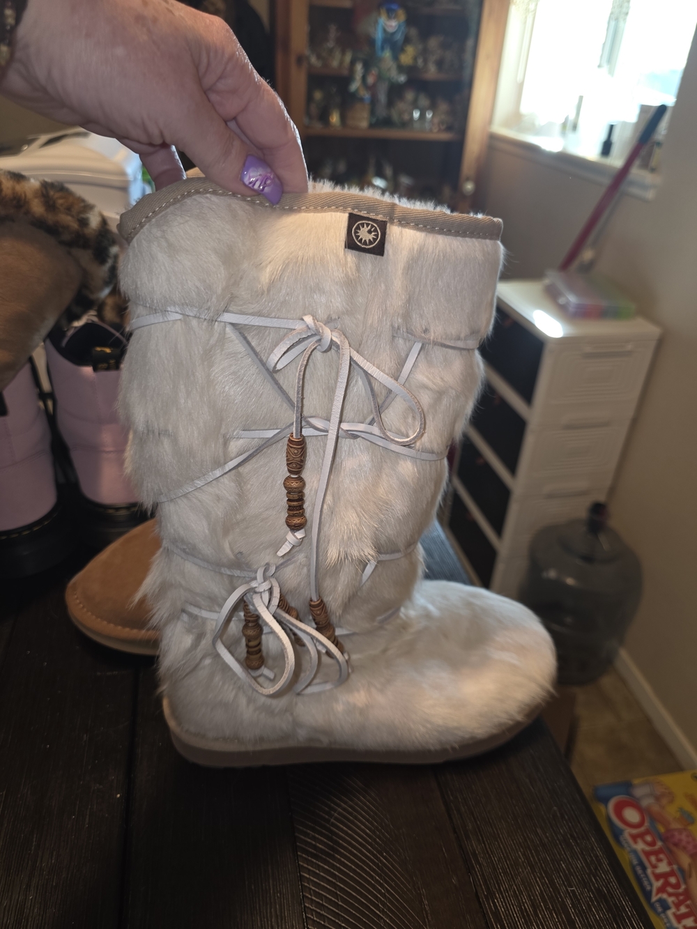 Faux Fur Lace-Up Winter Boots in Light Cream